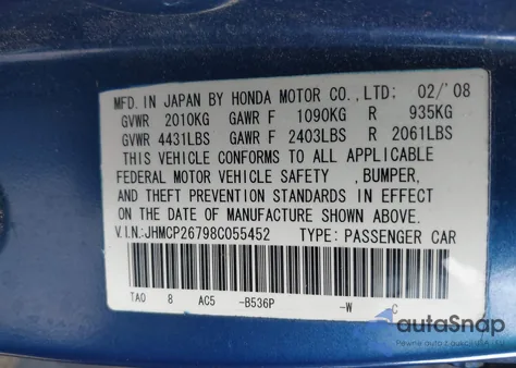 2008 Honda Accord 2.4 Ex from USA, damaged, VIN JHMCP26798C055452
